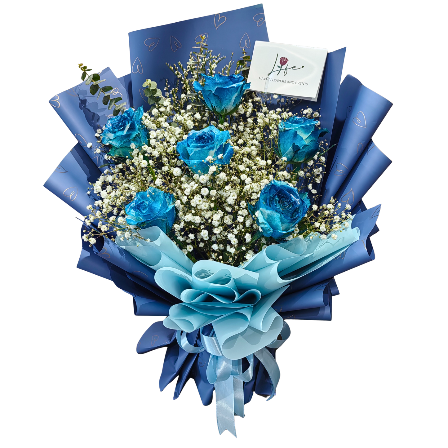 Bouquet of blue roses with white flowers, Blue Enchantment is beautifully wrapped in layered blue floral paper with light blue satin ribbon.