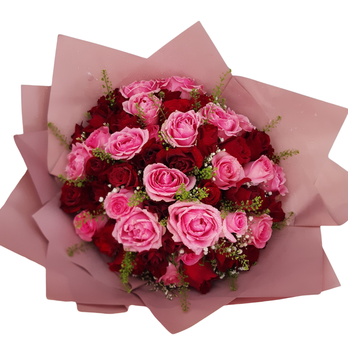 Top view of Berry Rosé- a simple wrapped 50-stem pink and red roses bouquet by Hayat Flowers.