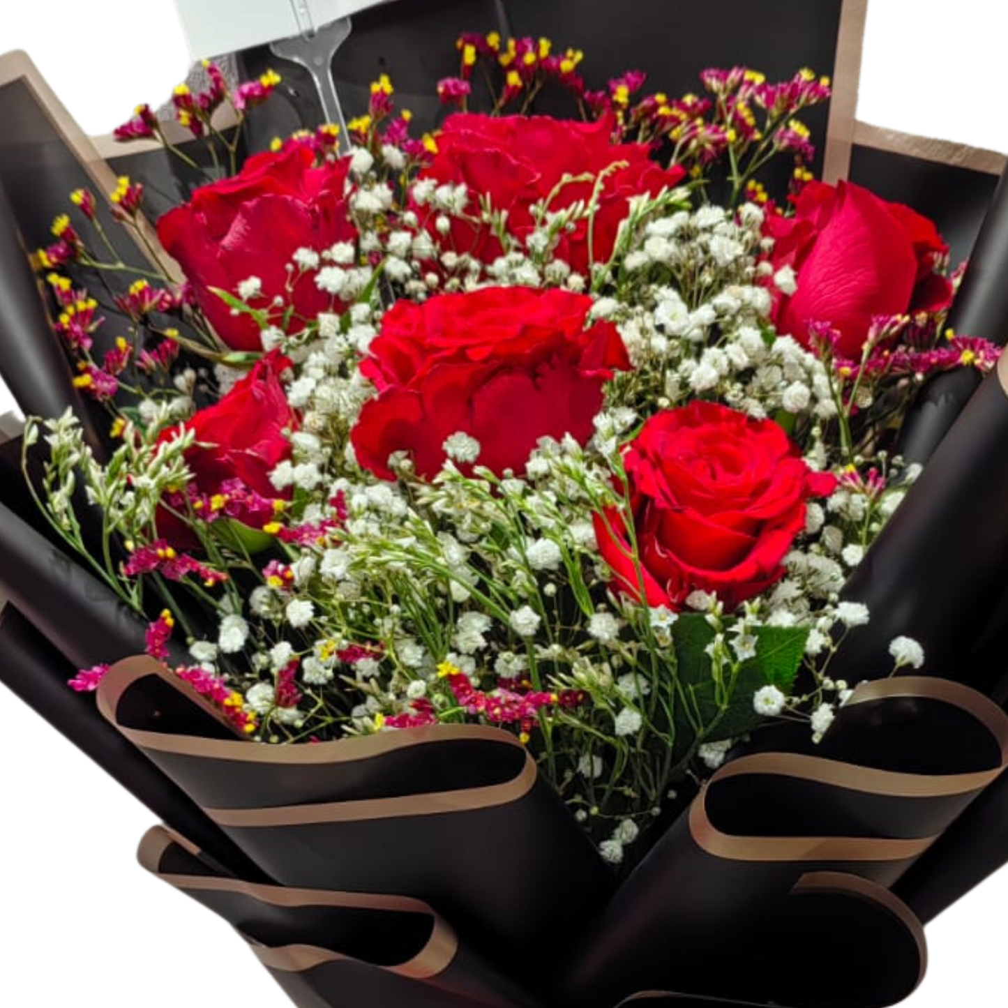 Close up of the lovely flowers comprising Crimson Noir bouquet.