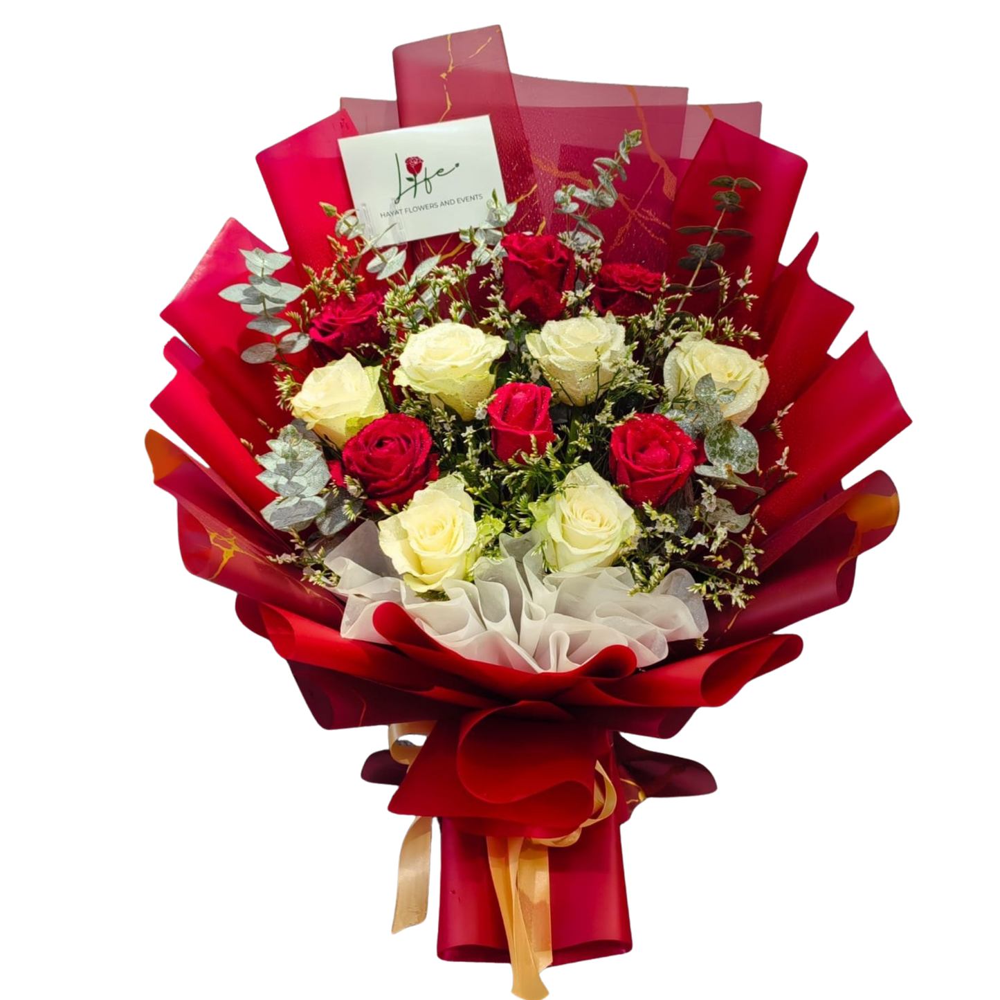 A romantic bouquet of 6 red roses and 6 white roses, accented with soft purple limoniums and fresh eucalyptus, wrapped in red and white floral paper with a yellow ribbon — a symbolic arrangement representing unity, love, and balance.