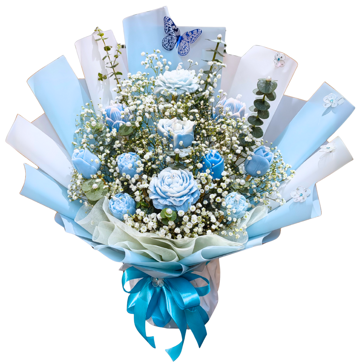 Bouquet of blue wax flower candles with delicate white gypsophila and sprigs of eucalyptus cinerea. Beautifully wrapped in blue and white floral paper, tied with blue satin ribbon, and added blue butterfly accessory.