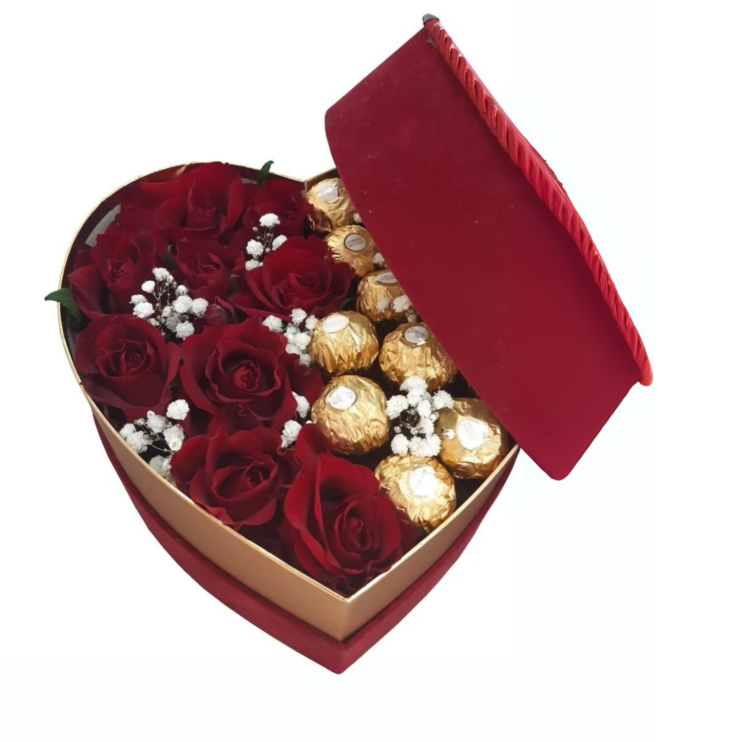 Heart-shaped red flower box featuring 10 fresh red roses and 15 Ferrero Rocher chocolates, styled for romantic gifting, with velvet red cover.
