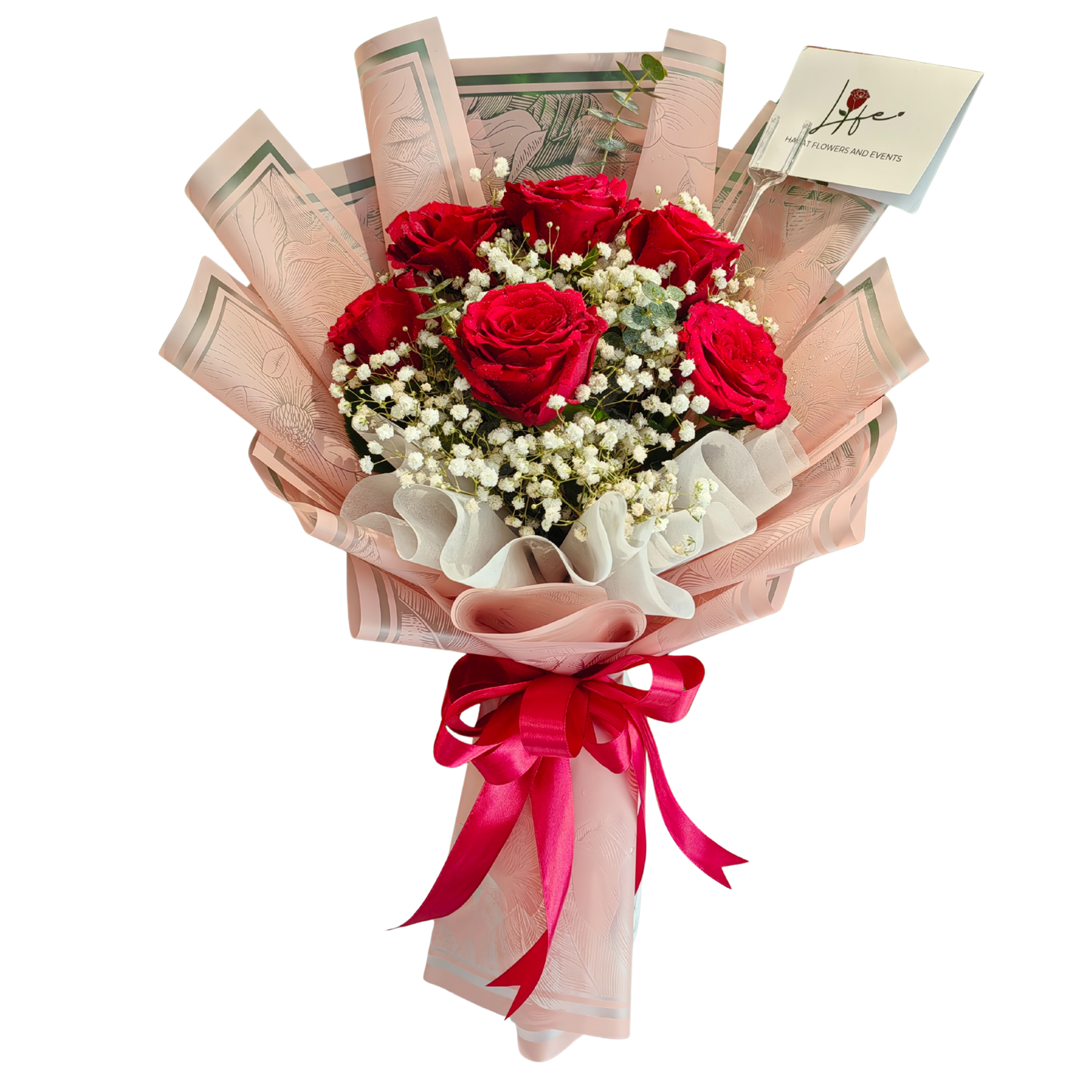 Rosey Wishes-- a compact bouquet of 6 red roses, white gypsophila and a touch of Baby Blue eucalyptus, wrapped in pink floral paper with white accent and tied with red ribbon.