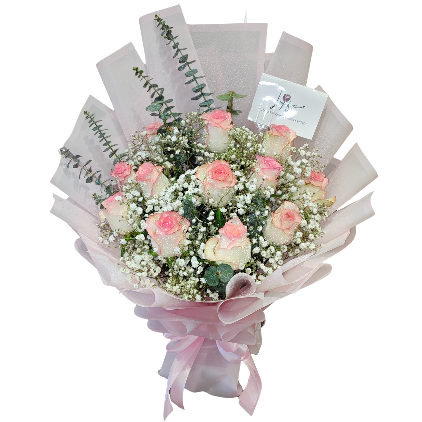 Rosé Blush - a bouquet of blush tipped pink roses, white gypsophila, and eucalyptus Baby Blue, with light pink fancy wrapping and satin ribbon.