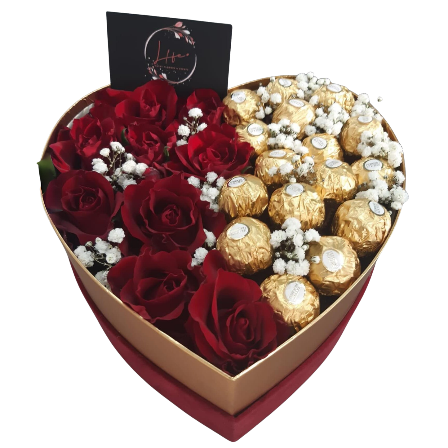 Heart-shaped red flower box featuring 10 fresh red roses and 15 Ferrero Rocher chocolates, styled for romantic gifting.
