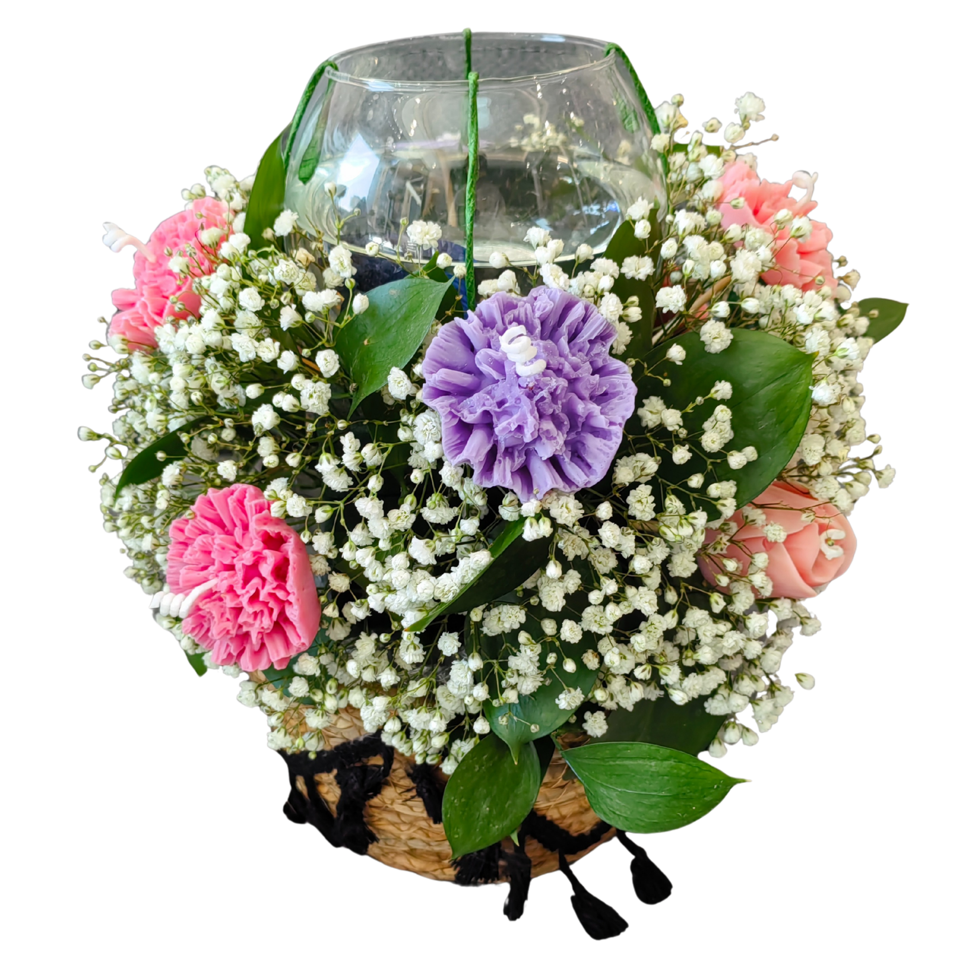 Decorative flower arrangement surrounded with pink and purple carnation flower candles and fresh white gypsophila and ruscus leaves.