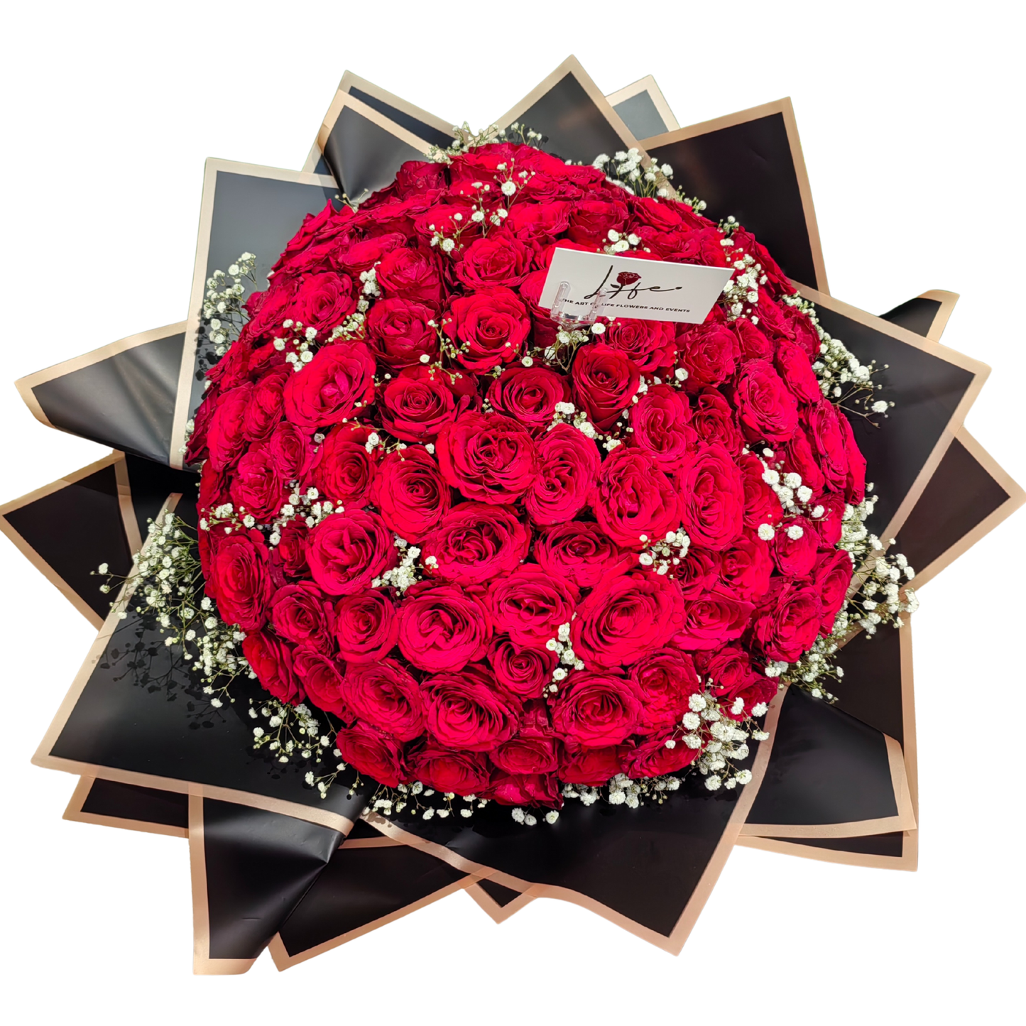 EVERLASTING LOVE - a hand-tied bouquet of fresh, 101 red roses with white gypsophila wrapped in a black and gold floral paper.