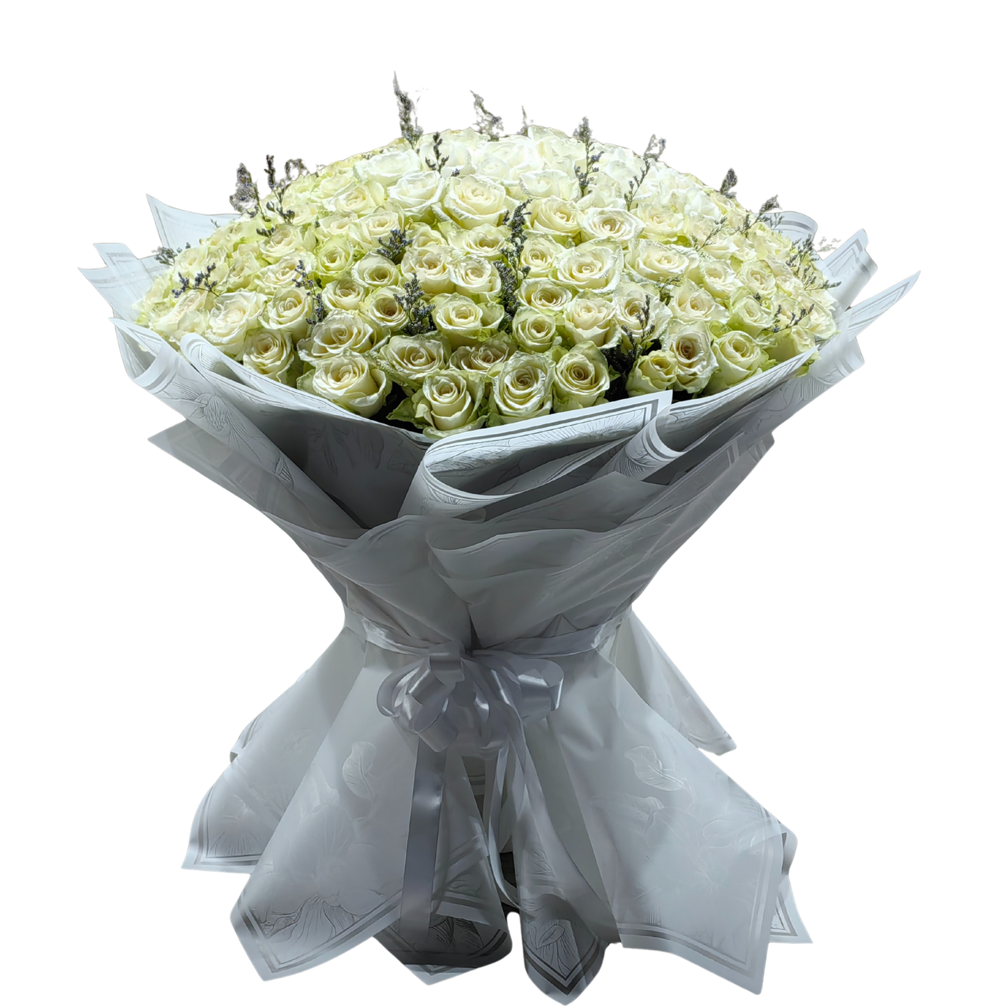 Elegant bouquet of 100 fresh, long-stemmed white roses wrapped in elegant white floral paper and tied with satin ribbon.