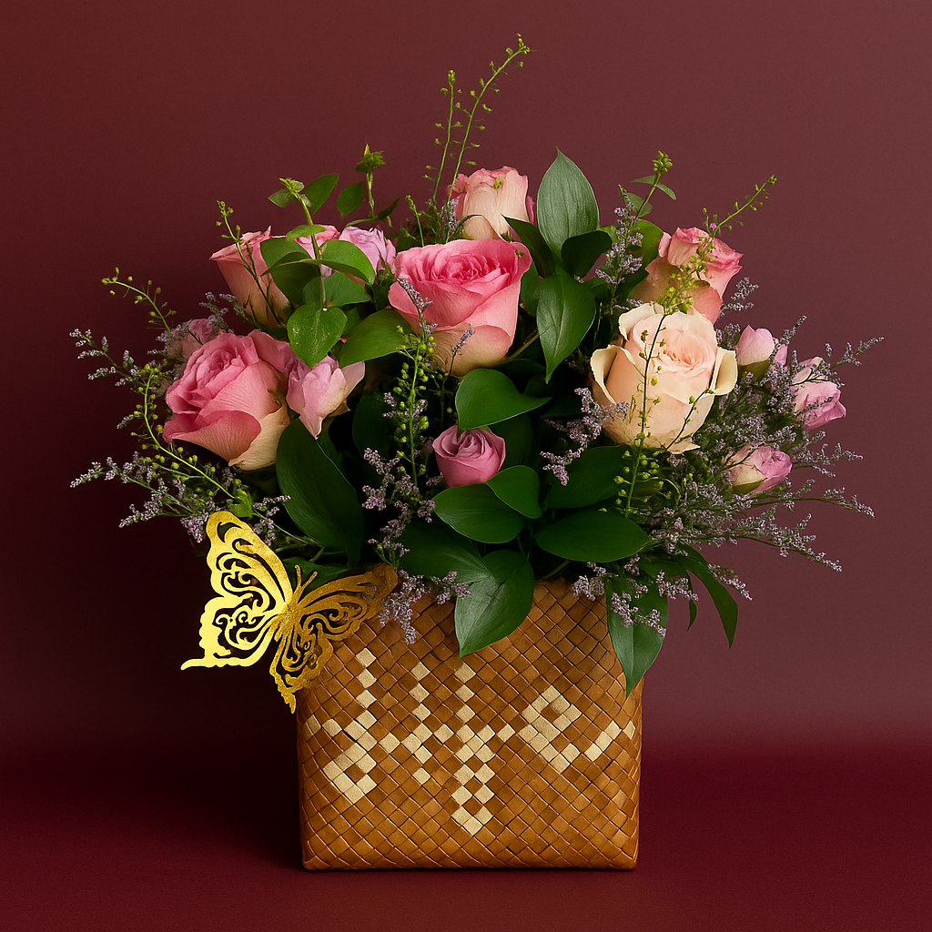Floral arrangement of pastel roses, ruscus leaves, and filler flowers in a handwoven 'Life' buri palm leaf box with optional gold butterfly accent by Hayat Flowers and Events. Solid maroon background.