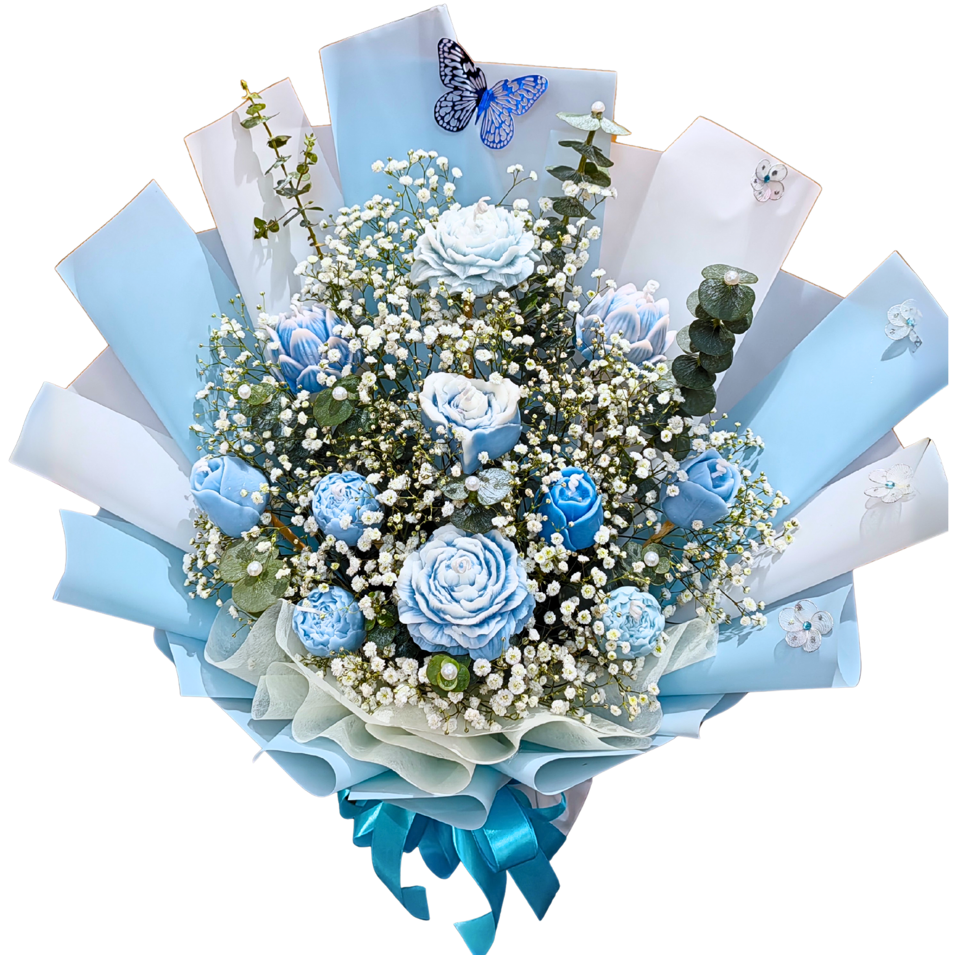 Our 'Dreamy Blue' Flower Candle Bouquet of various blue wax flower candles, with delicate white gypsophila and a touch of eucalyptus cinerea. A unique home decor to give to a special someone.