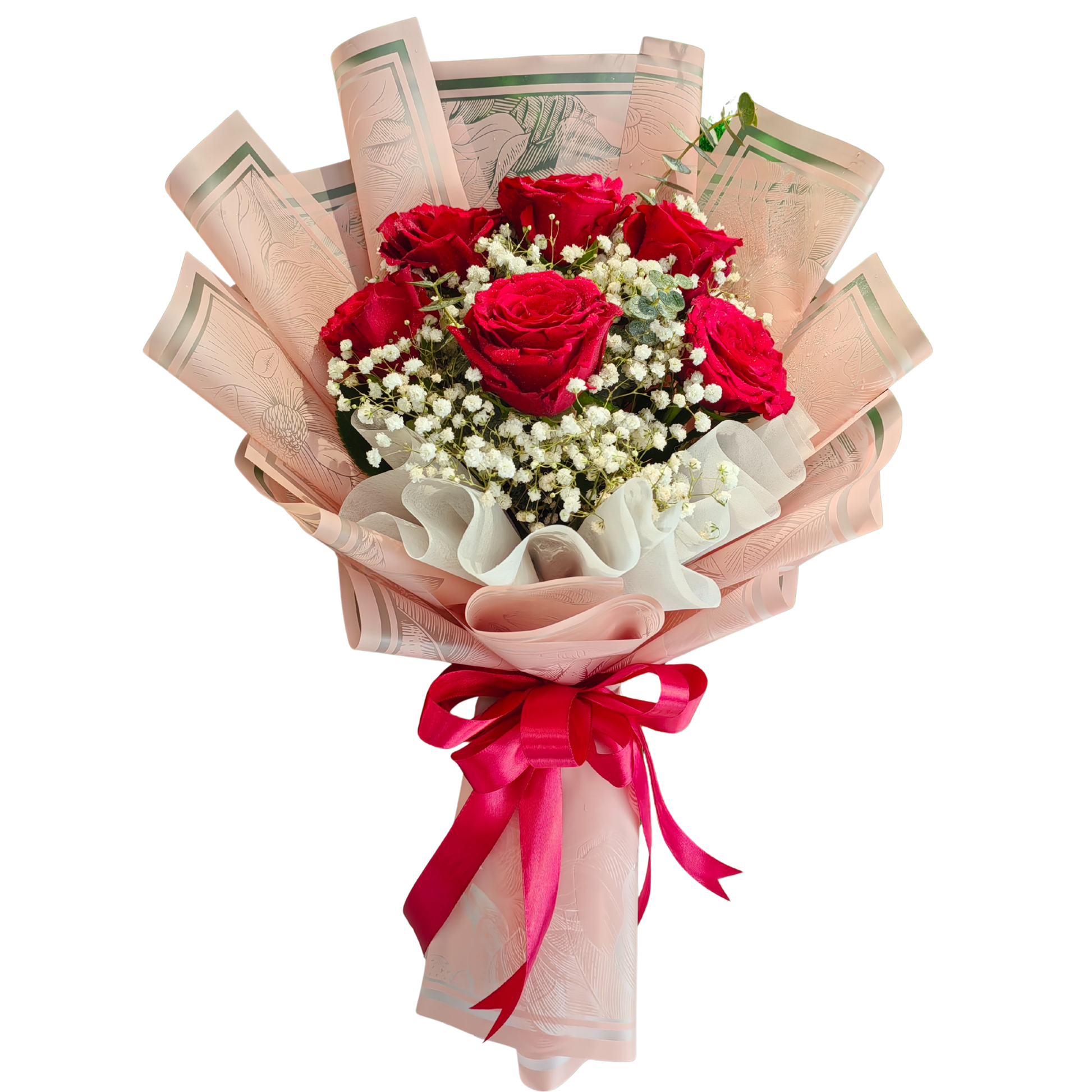 Rosey Wishes bouquet-- 6 red roses, white gypsophila, and Baby Blue eucalyptus arranged together in a romantic and elegant way, wrapped in pink floral paper with white accent and red ribbon.