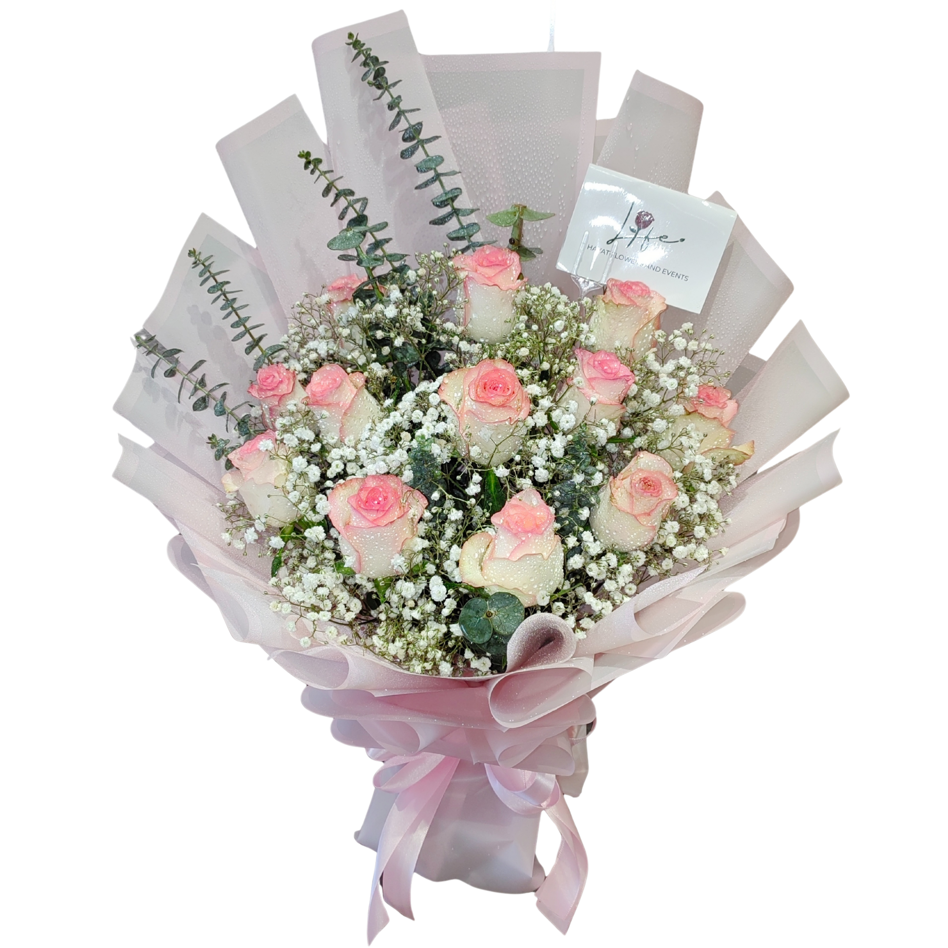 Rosé Blush - a bouquet of blush tipped pink roses, white gypsophila, and eucalyptus Baby Blue, with light pink fancy wrapping and satin ribbon.