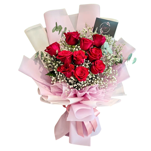 Sweet Remembrance, Hayat Flowers' bouquet of 10 red roses with white gypsophila and limoniums, with eucalyptus stems.